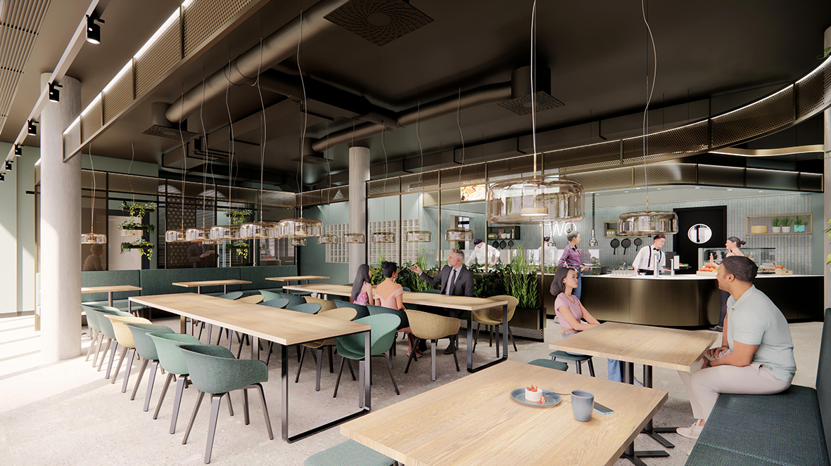 a photograph of a restaurant with a large table and several people